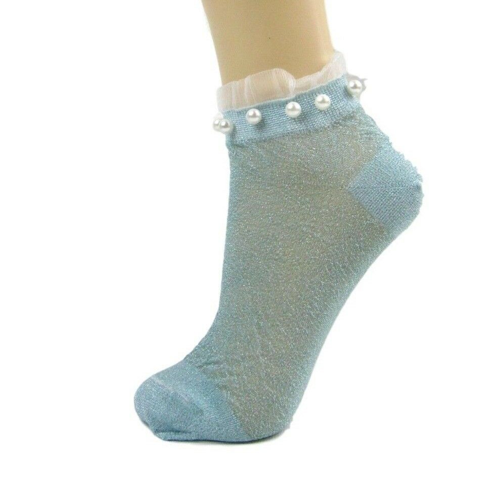 Glitter Ankle Socks With Pearl & Frill Cuff