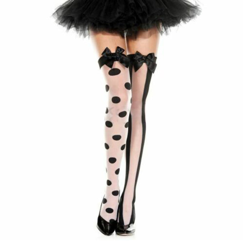 Music Legs Polka Dot & Stripe Mismatch Thigh High With Satin Bow - Leggsbeautiful