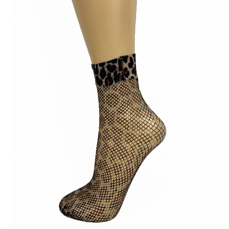 Pamela Mann Fishnet Leopard Print Ankle Socks